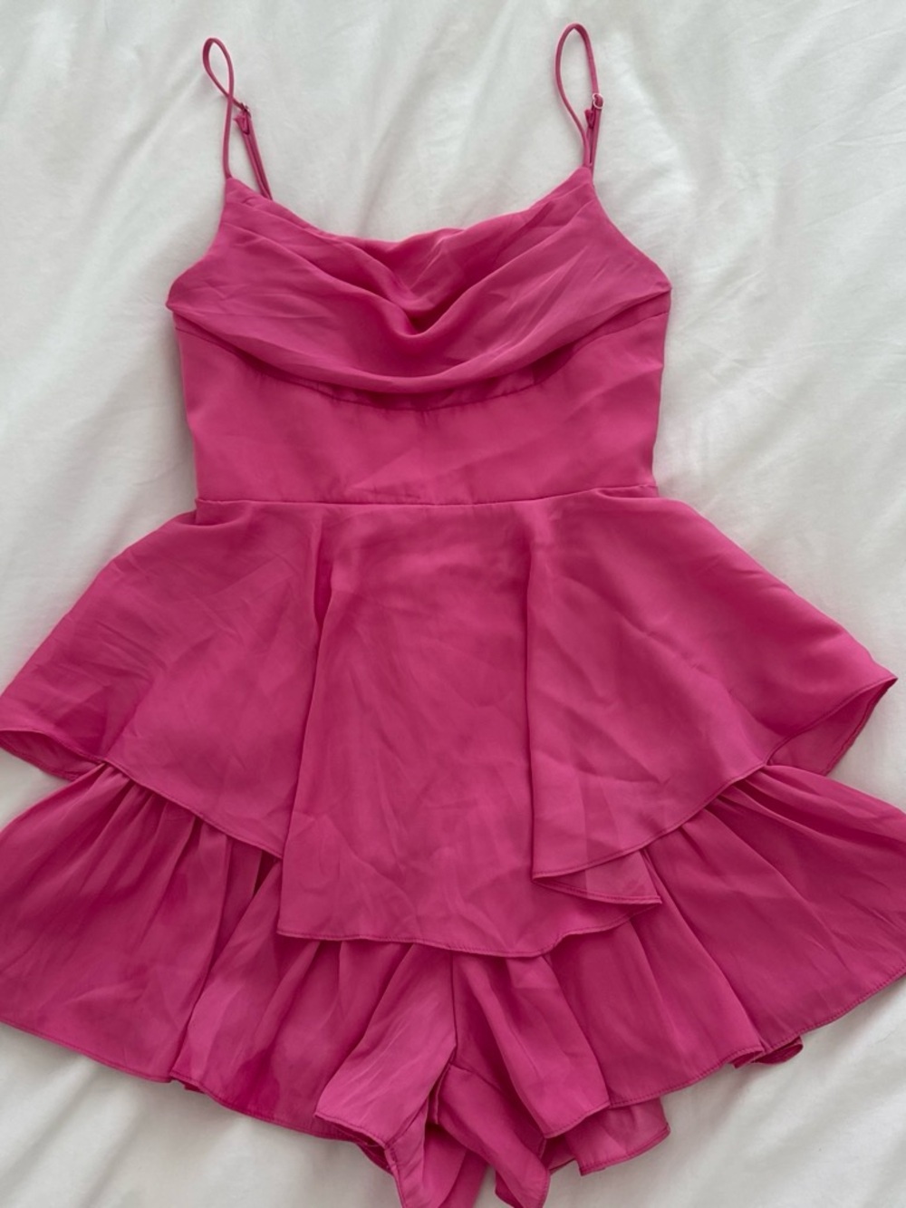 Women's Hot Pink Cowl Neck Romper with Tiered Skirt